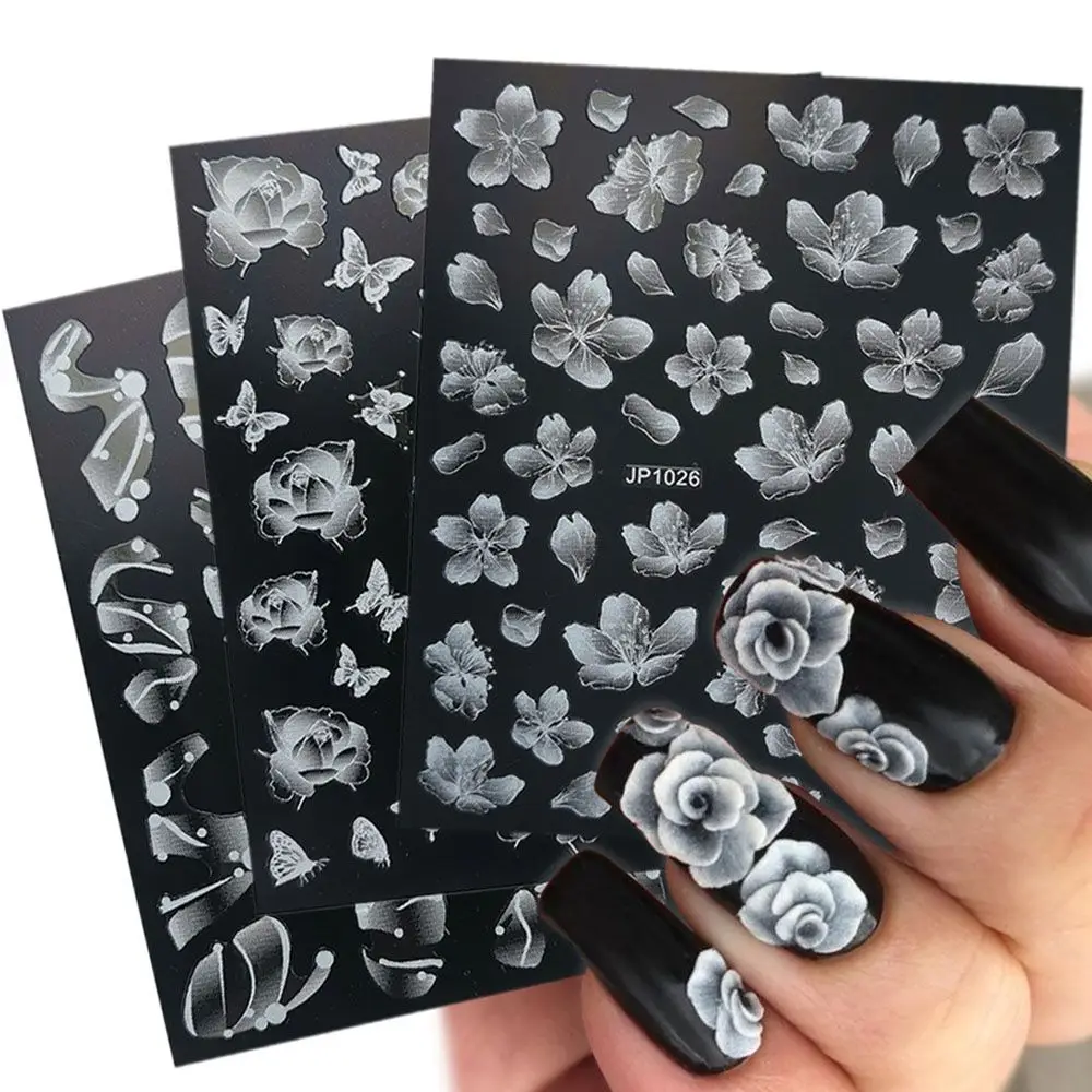 

1 Sheet 5D White Nail Sticker Rose Feather Engraved Embosse Design Transfer Decals Slider Wraps DIY Nail Art Decoration