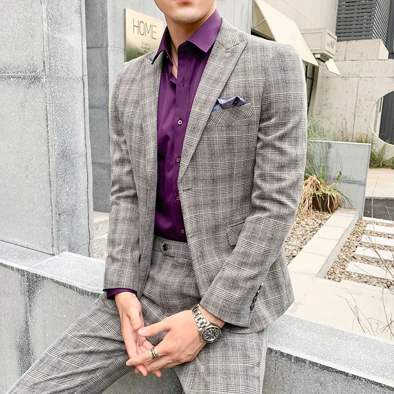 Весенние мужские костюмы в клетку полоску новинка 2020 облегающий мужской деловой