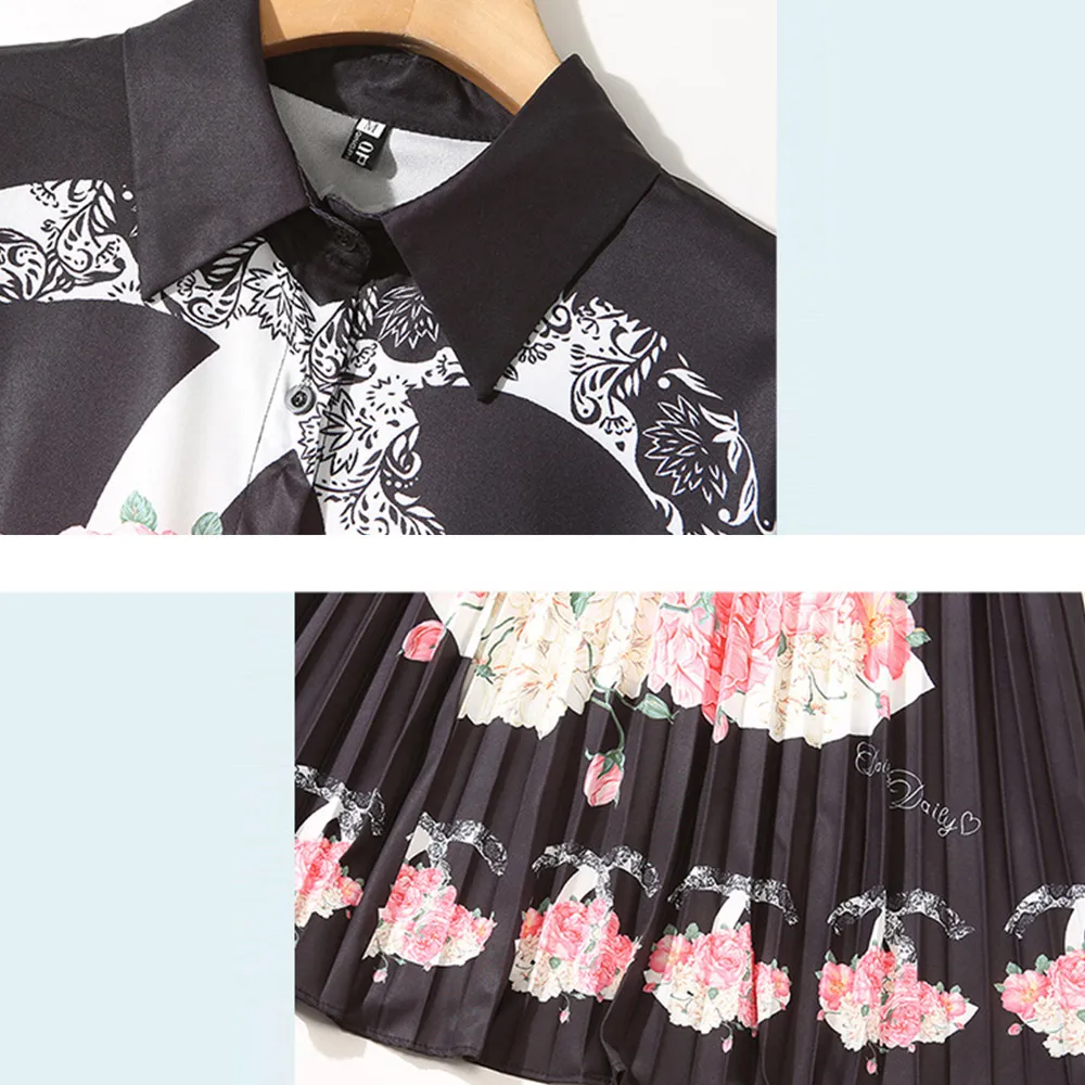 

Banulin Runway Designer Women's Midi Dress 2020 Spring Summer Vintage Floral Print Pattern Long Sleeve Pleated Shirt Dress