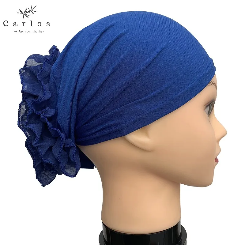 

12 Pcs High Quality New Monochrome Muslim Chiffon large Plate Flower Cap Fashion Indian Beanie Hair Bonnets Hat For Women