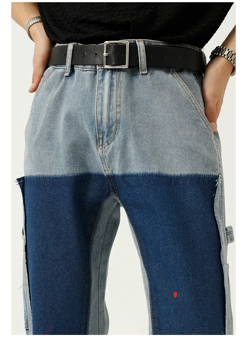 

Male Korean Style Streetwear Hip Hop Jeans Trousers New Men's Splice Color Loose Casual Boot Cut Denim Pants Jeans Man