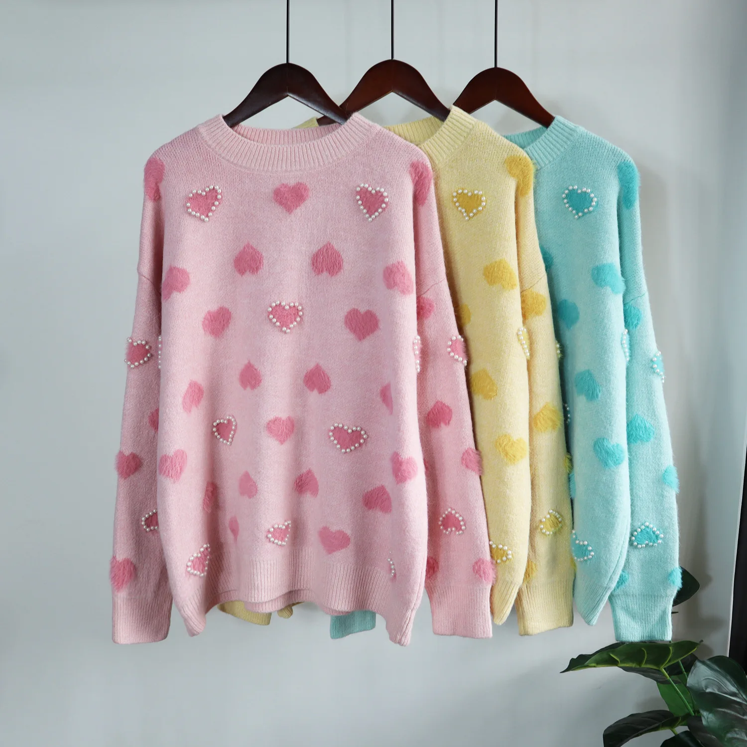 

EBAIHUI Women Knitted Sweater Korean Fashion Hearts Print O-Neck Pullover Beading Elegant Sweet Jumper Ladies Loose Knitwear