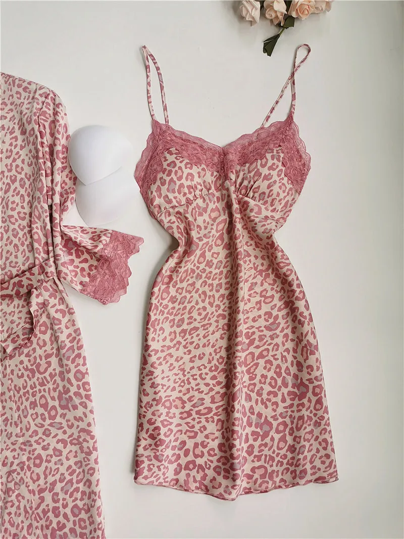 Розовый Леопардовый Атлас шелковая кружевная отделка ночная рубашка халат