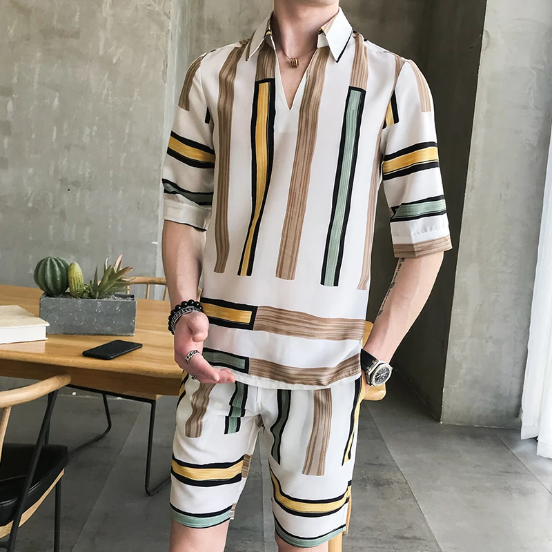 

2pcs stripe Fashion set shirt and shorts pullover summer shirt men and short Casual Erkek Giyim Slim Fit Social Club Outfits