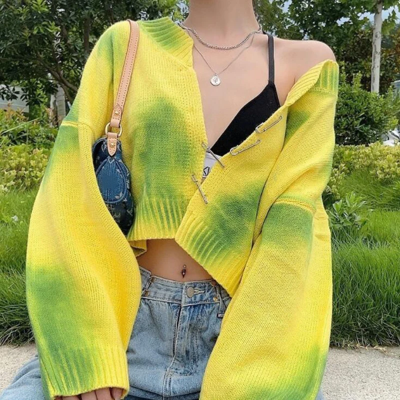 

Autumn 2021 New Cardigans For Women Tie Dye Sweaters Vintage Yellow Green Jumper Female Y2K Fashion Crop Top Knitted Cardigan