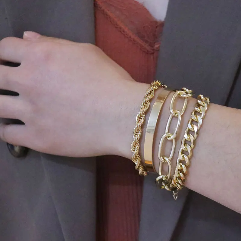

CANZE Vintage Punk Hip Hop Bracelet Alloy 4 Pieces Thick Chain Spiral Twist Chain Mixed Bracelet