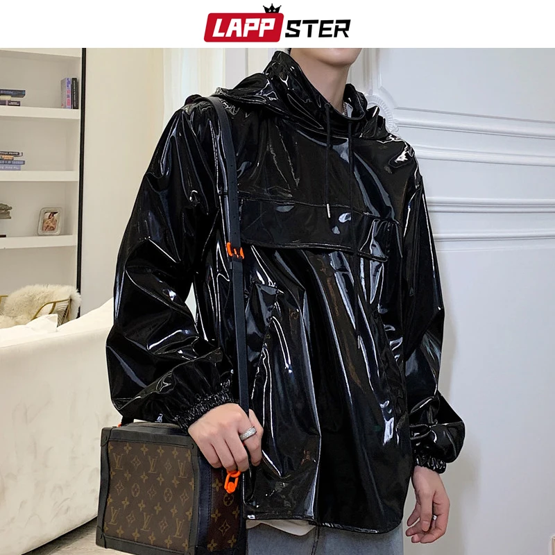 Мужская кожаная куртка с капюшоном ветровка в стиле хип хоп черная уличная