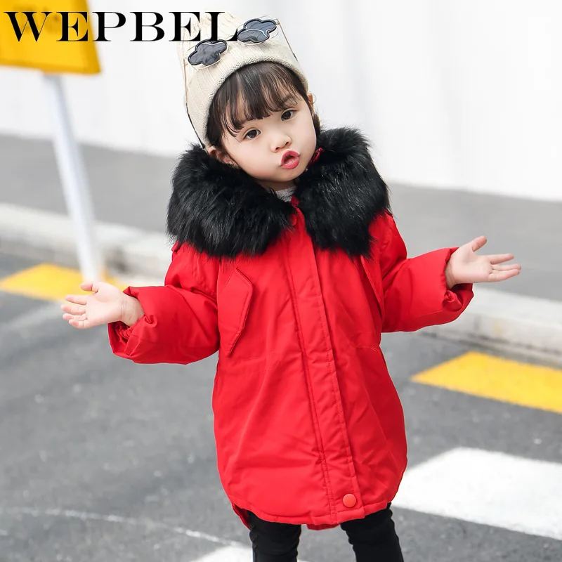 WEPBEL/хлопковая куртка для девочек; зимнее утепленное пальто с большим меховым воротником; детская одежда