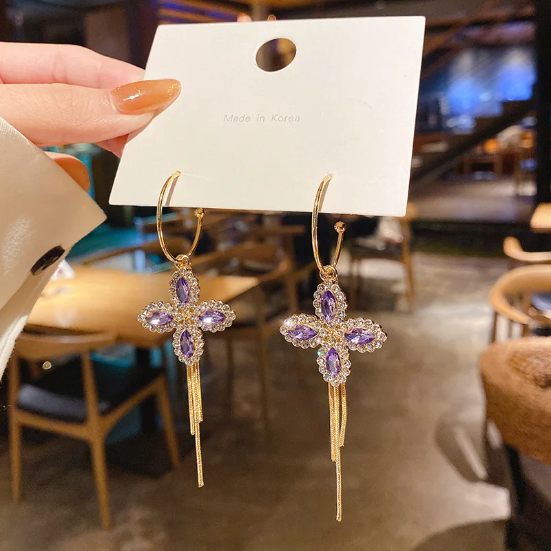 

Karopel S925 Silver Needle Super Fairy Long Stud Earrings Female Korean Color Crystal Flower Long Tassel Drop Earrings Female