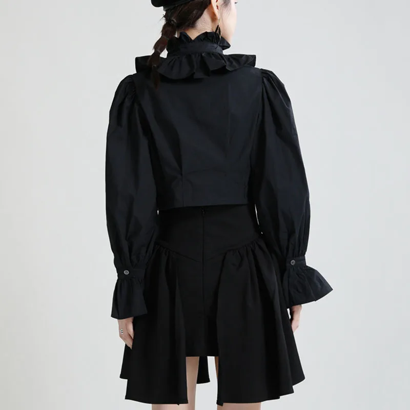 

SeeBeautiful Ruffles Stitching Loose Shirt Stand Collar Lantern Sleeve Single Breasted Women Summer Autumn 2021 New Fashion G266