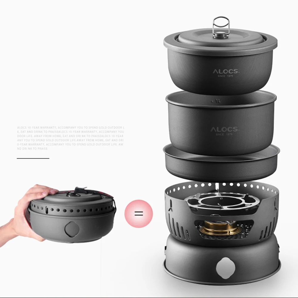 

ALOCS CW-C05 Outdoor Camping Portable Kitchenware Set Hiking Picnic Cooking Utensil Stove Pot Bowl Pan Alcohol Stove 10pcs Set