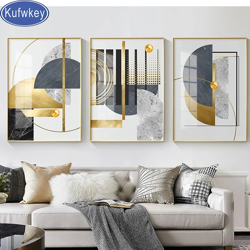 

Triptych Modern Golden Abstract Geometric Art Pattern Full Square Diamond Painting Cross Stitch Kits For Living Room Home Decor