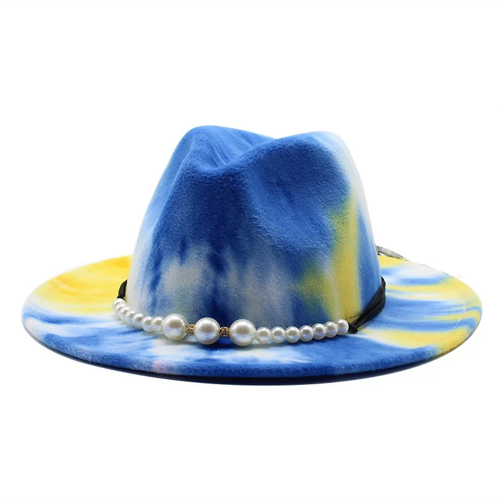 

Four Seasons Women Fedora Casual Style Woolen Tie-Dye Process Decorative Pearls Outdoor Fashion Street Female Caps