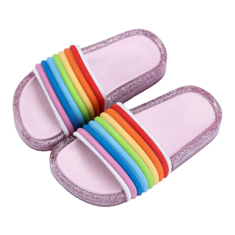 

Children Kids LED Flashing Light Jelly Slide Slippers Shiny Glitter Powder Rainbow Stripes Indoor Soft Sandals Summer Luminous