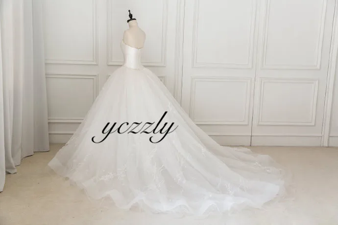 Royal Top Satin Wedding Dress 2020 Elegant Sweetheart Ball Gown Princess Appliques Flowers Bride Suknia Slubna YW287 | Свадьбы и