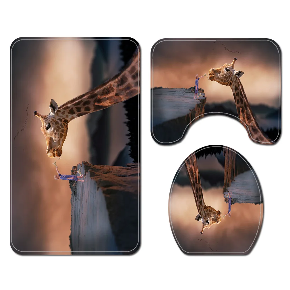 

3D Animal Printing Bath Mat and Shower Curtain Set Home Decoration Toilet Mat Absorbent Toilet Seat Cushion Non-sli Foot Rug Set