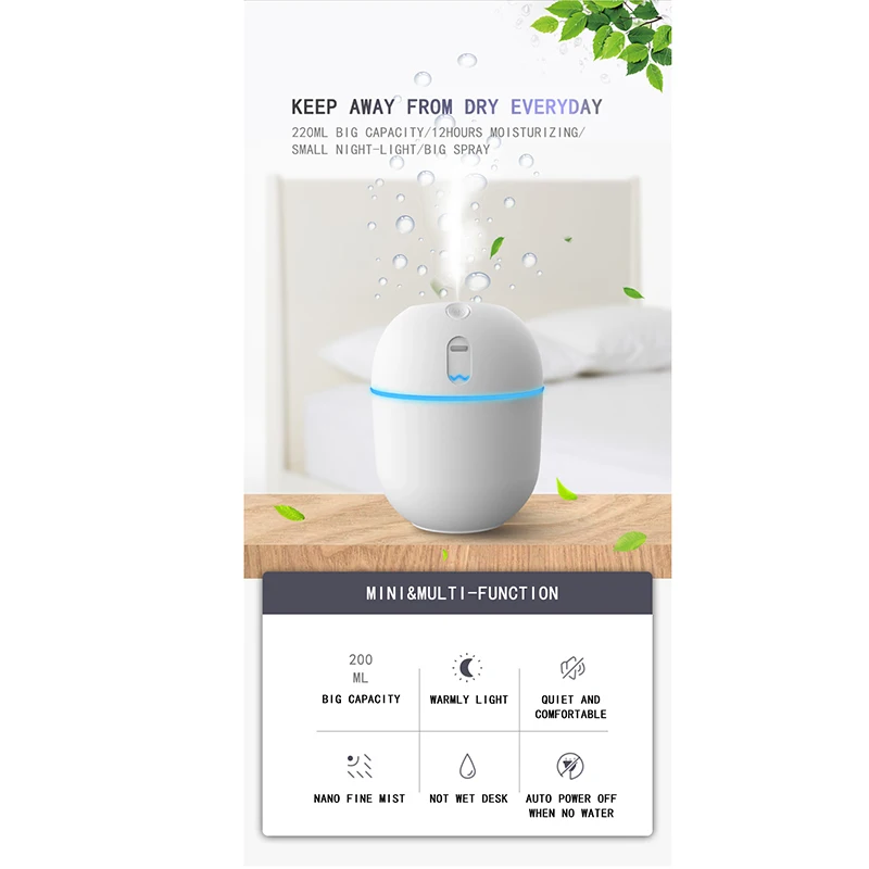 Горячая продажа 3 в 1 Мини USB Ультразвуковой увлажнитель со светодиодным