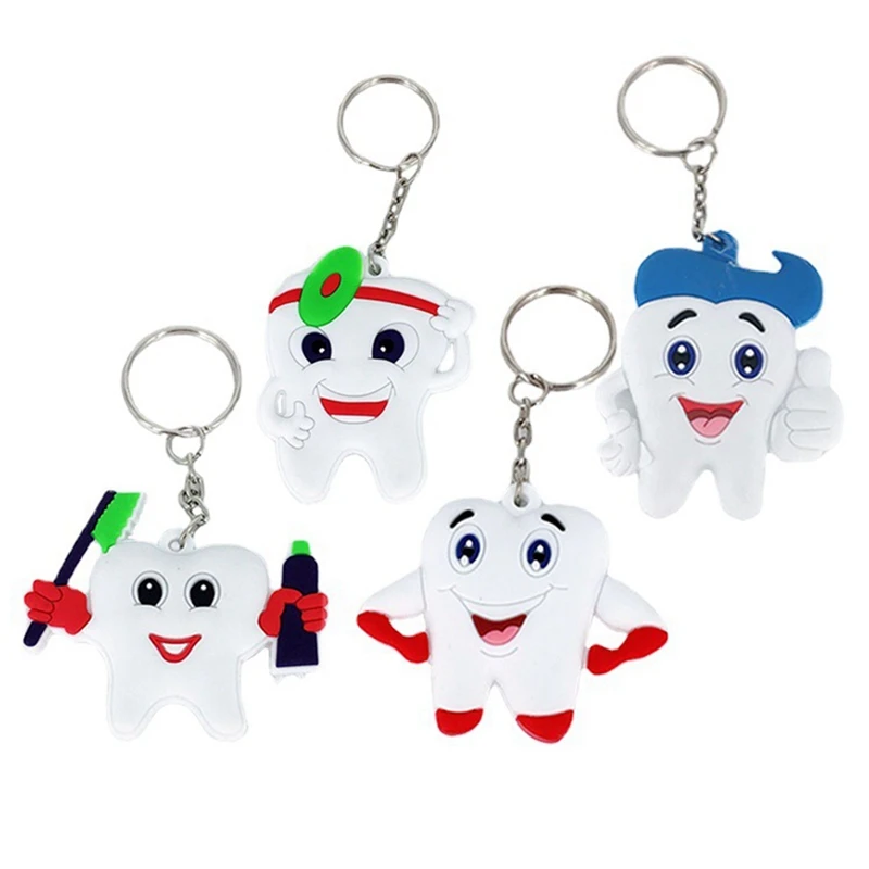 

4PCS Teeth Keyrings Crafts Silica Gel Cartoon Tooth Pendant Keychain Gift Caring For Your Teeth For Women Men -ABUX