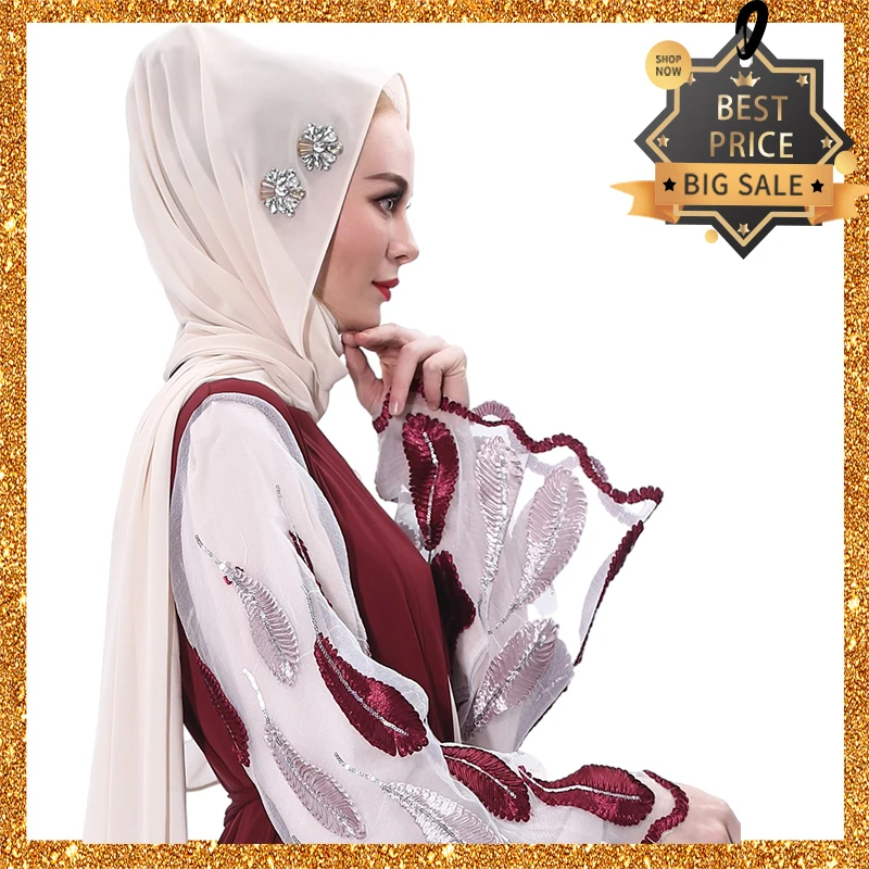 

Летние женские хиджабы, мусульманский шарф, длинные шифоновые палантины с цветами и бриллиантами, однотонные мягкие модные тонкие солнцеза...