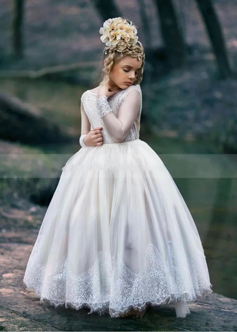 

Beautiful A Line Girl Dresses Lace Long Sleeve Kid Princess Pageant Gowns Birthday Party Dress Vestidos De Fiesta