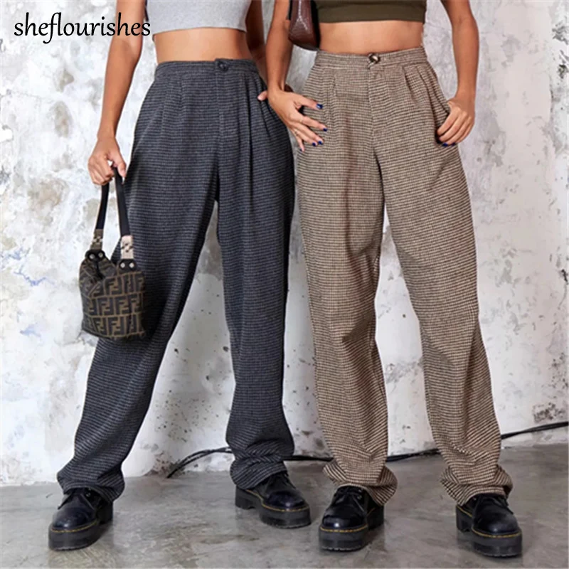 

Брюки женские в клетку, с высокой талией, мешковатые, в стиле Харадзюку, 2021