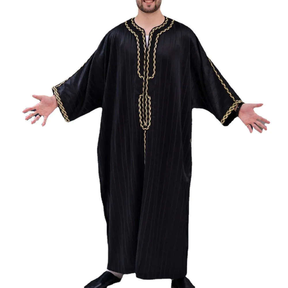 Baju Gamis Muslim Pria Black Short-Sleeved Collarless Casual Printed Pullover Robe Abaya Homme Musulman Arabic Dress Men Jl021