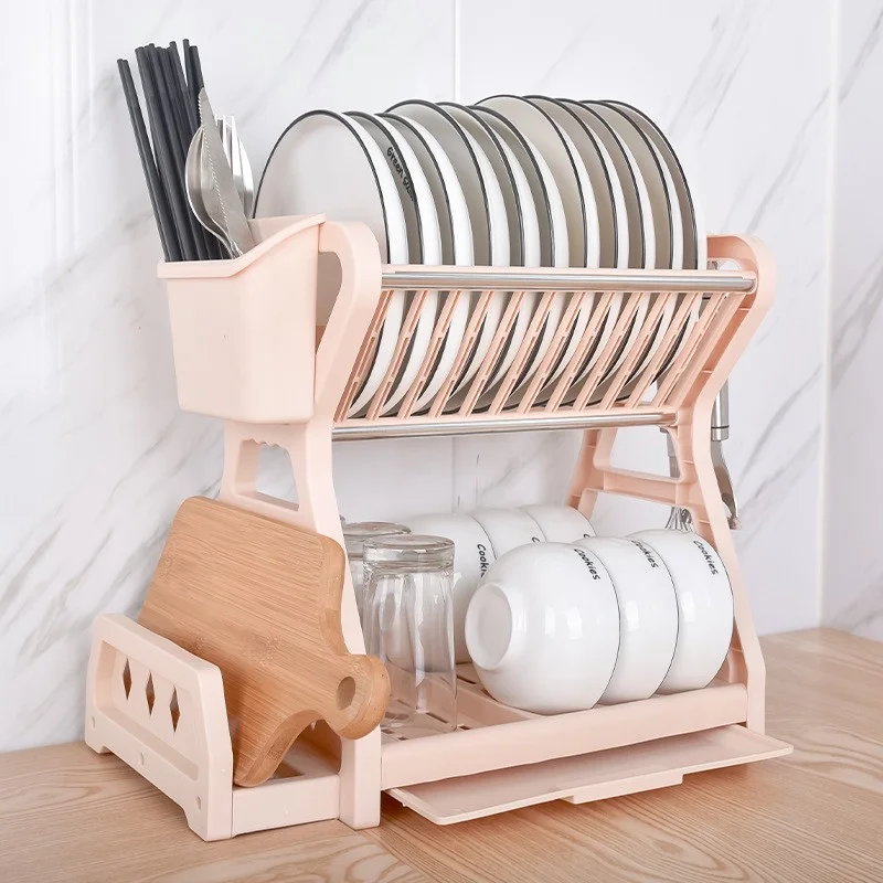 

Double-Layer Dish Bowl Draining Storage Rack Holder Kitchen Organizer with Chopstick Cage Spoon Holder Kitchen Accessories
