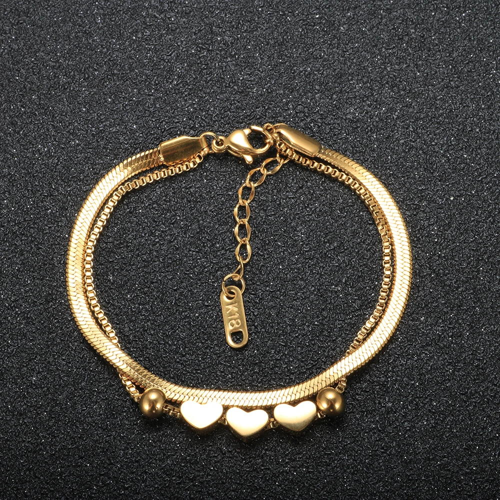 

Fashion 2021 New Heart-Shaped Upscale Jewelry 2 Layer Lovers Love Heart Beaded Snake Bone Chain Bracelets Bangles For women Gift