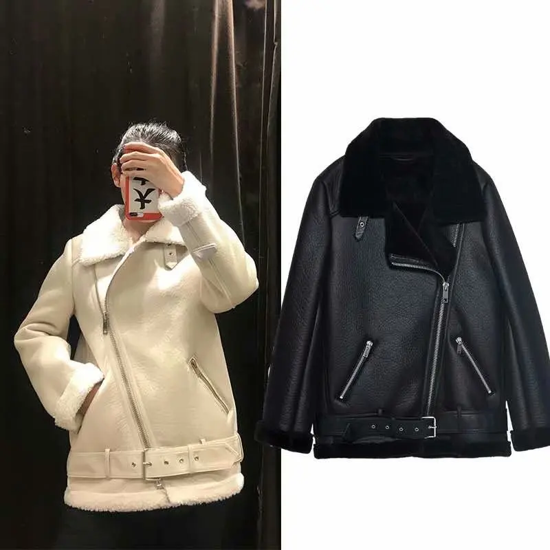 

Warm Women's Winter Motorcycle Velvet Jacket Female Short Lapels Fur Thick Korean Version Plus Velvet Jacket 2021 Bomber Jacket