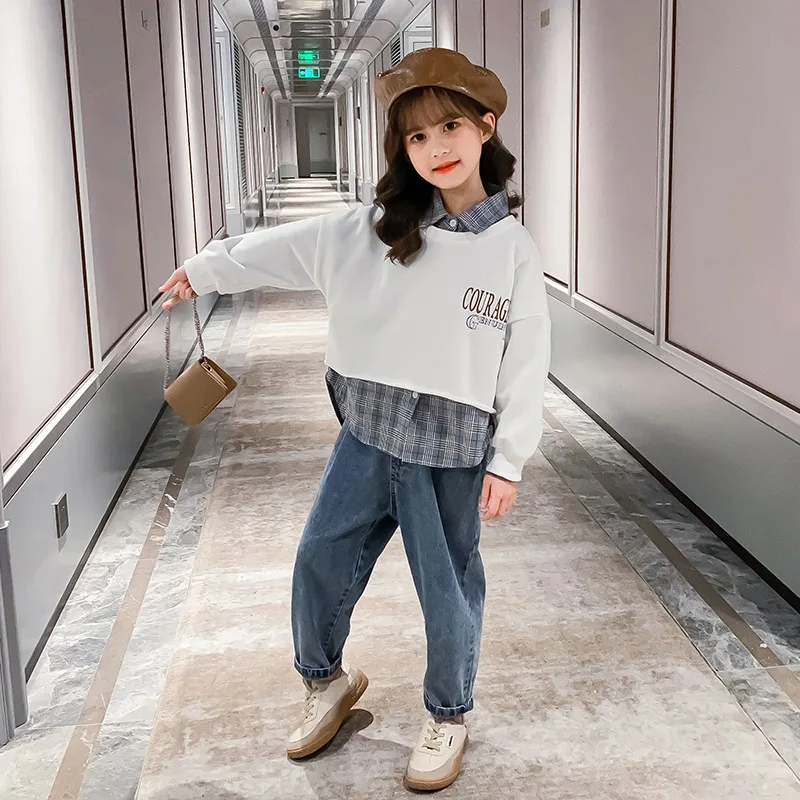 

Children's Plaid Shirt Set 2021 New Medium and Big Kids Girls Set Plaid Shirt Vest Three-piece Set free shipping