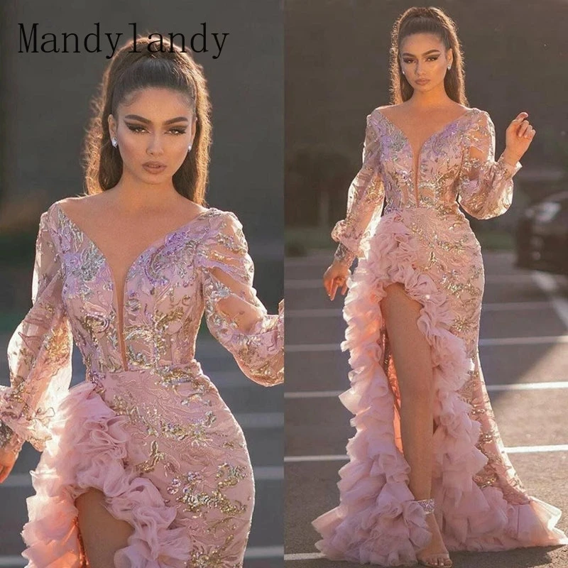 

Sexy Bodycon Dress High Split Hip Trailing Sequin Dresses Long Sleeve V-neck Pink Long Mesh Evening Dress Vestidos