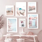 Эгейское здание вишневого цвета морской пляж настенная живопись холст скандинавские плакаты и принты настенные картины для декора гостиной