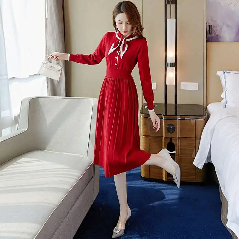 Осень-зима 2020 Новые пуловеры с бантиком и длинными рукавами трикотажное платье