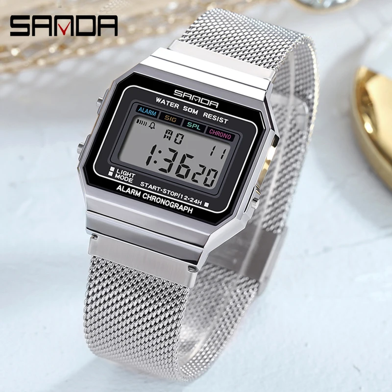 

Men Digital Watches Ultrathin Silver Stainless Steel Business Watch For Men Women LED Square Electronic Clock Sport Wristwatch