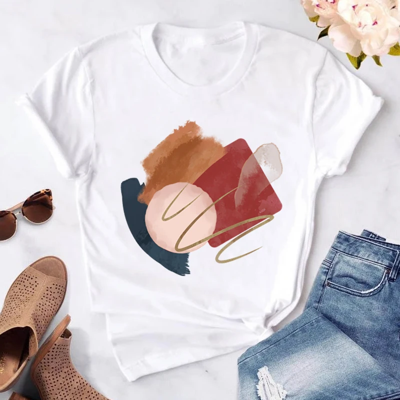 

Geometric Graphic Print T-Shirt Women O-neck Short Sleeve TShirts Harajuku 90s Girl Basic Tees Shirt Casual Soft White Lady Tops