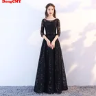 Вечерние платья DongCMY, новое модное элегантное вечернее кружевное черное винтажное ТРАПЕЦИЕВИДНОЕ ПЛАТЬЕ средней длины до пола, размера плюс платье для выпускного вечера