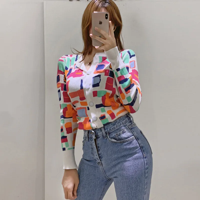 

2020 new sub-version temperament slim-fit knitting fashion painted bottoming sweater tight-fitting slim cardigan top beauty