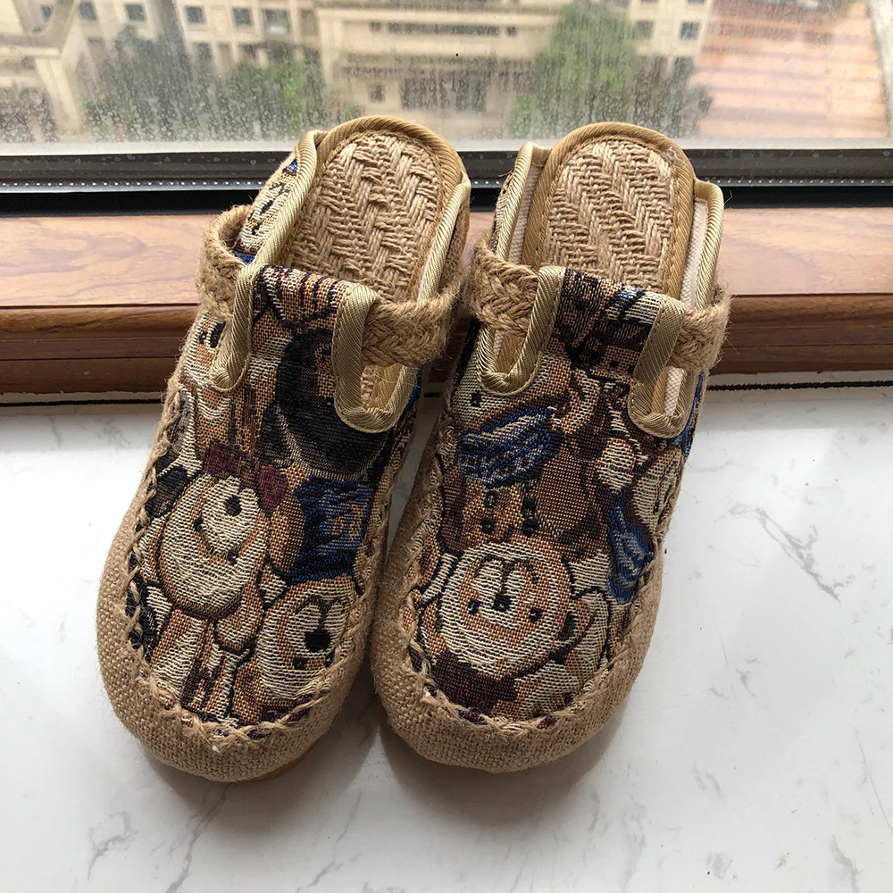 Veowalk Handmade Bear Embroidery Women Linen Cotton Close Toe Flat Slippers Summer Ladies Breathable Comfort Mules Shoes | Обувь