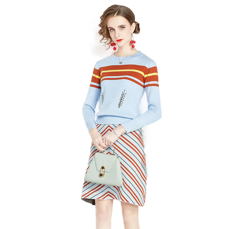 

Autumn Winter Striped Sweater Skirt Suit Womens 2 Piece Set Long Sleeve O Neck Knitted Skirt Set Crop Top + A Line Skirt