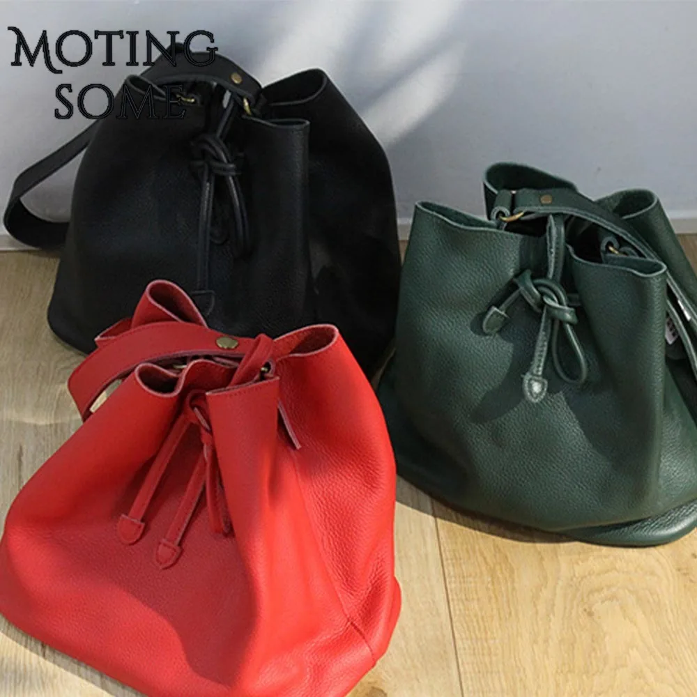 

Causal Style Genuine Leather Women Shoulder Bag Cowhide Calfskin Natural Leather Draw String Designer Handbag 2020 Trend New