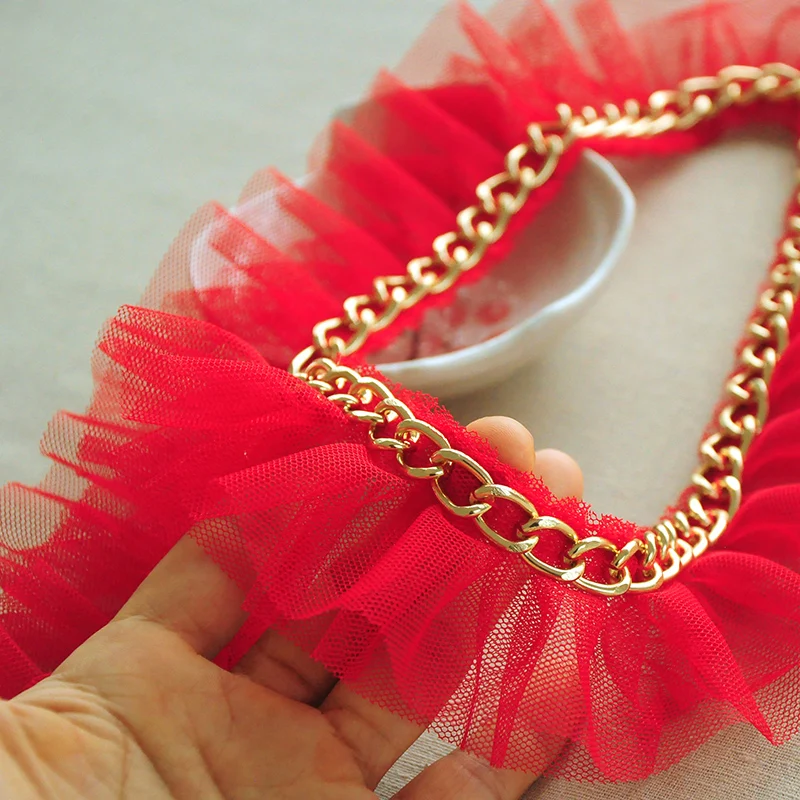 1 метр 2 слоя белый розовый красный гофрированная кружевная отделка золотая