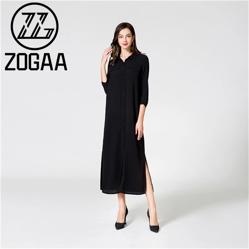 

ZOGAA Casual Summer Dress Lapel Long Sleeve Solid Color Long Sleeve Elegant Transparent Vestidos Dress for Women