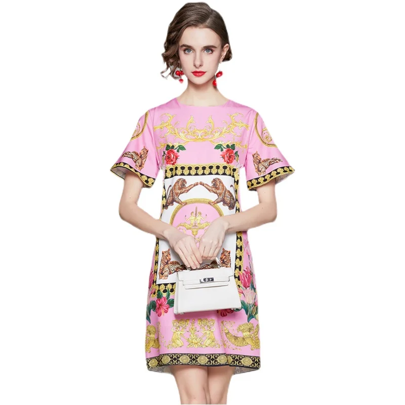 

FUCHAO 2021 Summer Fashion Print Thin Loose Casual Short-sleeved Dress Short Skirt Women