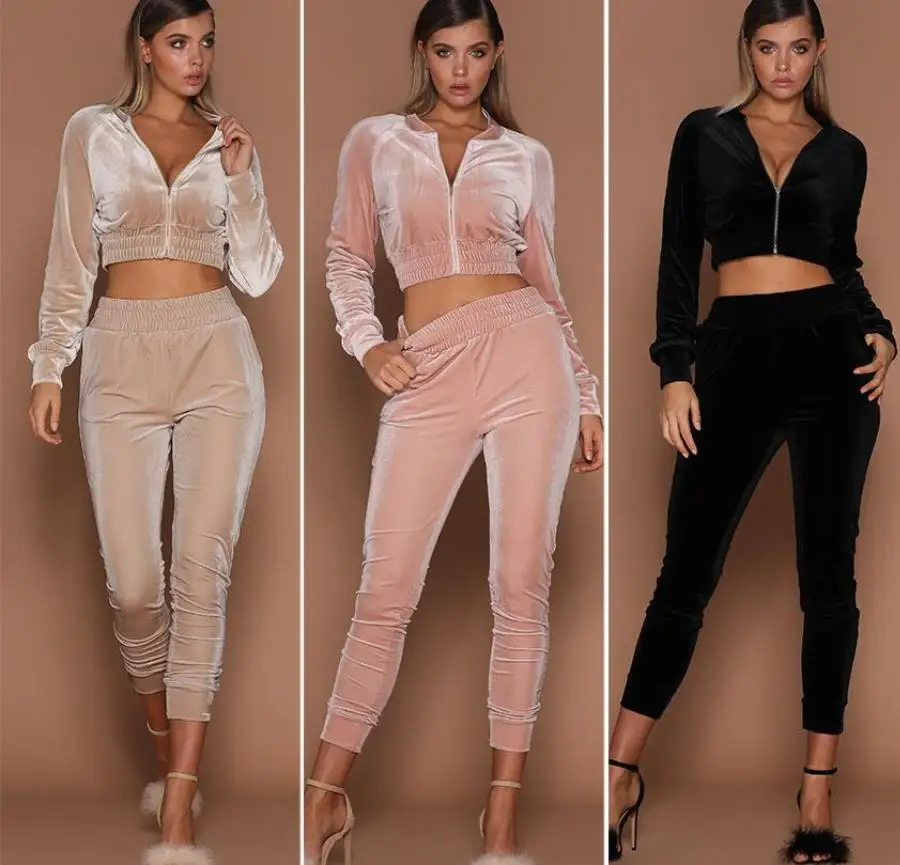 

2022 Femal Velvet Tracksuits Crop Top Long Sleeve Sportswear Casual Fashion Sexy Slim Velure Women's Tracksuit 2-Piece Set