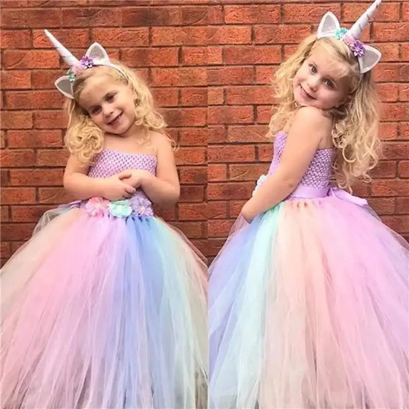 

Girls Unicorn Flower Dress Kids Pastel Tutu Dress Crochet Tulle Dresses with Hairbow Set Ball Gown Children Party Costumes Dress