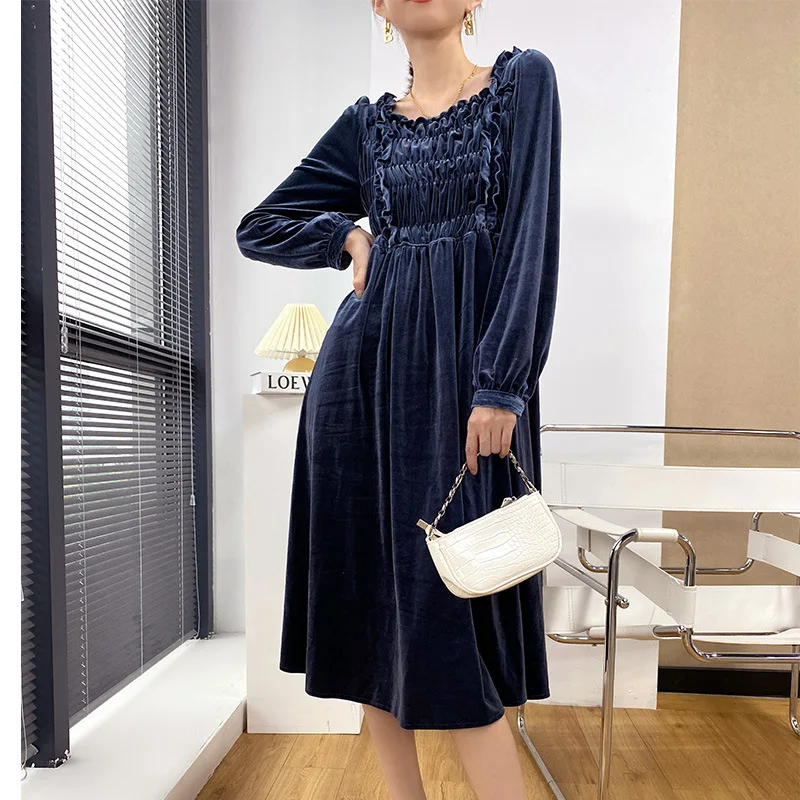 

2021 Fashion Elegant Blue Velvet Dress for Women Long Sleeve Loose Ruched Dress Ladies Empire Knitted Casual Winter Dress Woman