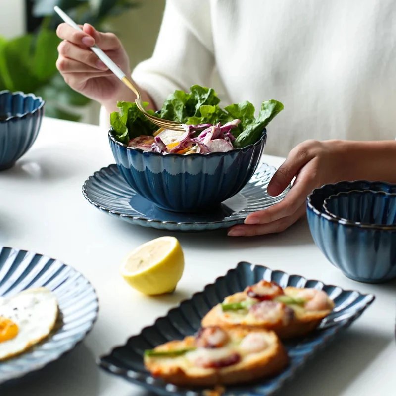 Klin глазурь Синяя тарелка керамическая рисовая Салатница винтажная креативная