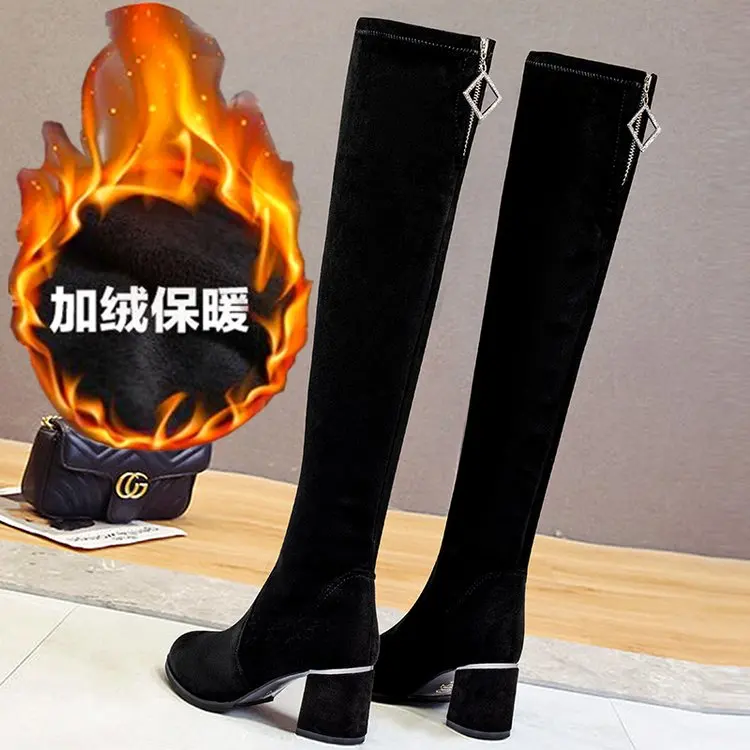 

Женские сапоги на молнии, Черные Сапоги выше колена на высоком каблуке, с острым носком, на резиновой подошве, на лето, 2021