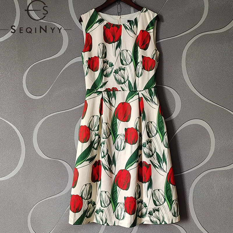 

SEQINYY Casual Mini Dress Summer Spring New Fashion Design Women Runway Flower Print A-Line Sleeveless High Street