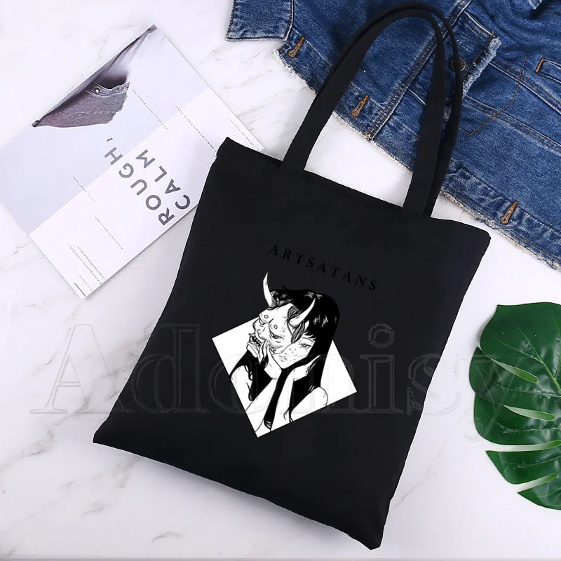

Junji Ito Ladies Handbags Cloth Canvas Tote Bag Shopping Travel Women Eco Reusable Shoulder Shopper Bags Bolsas De Tela Black